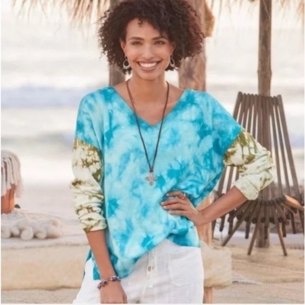 Sundance Tie Dye Summer Skies Pullover V-Neck Sweater Blue Green Cotton Small - Picture 6 of 11